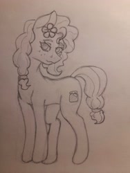 Size: 3000x4000 | Tagged: safe, artist:chacarron, imported from derpibooru, pear butter, earth pony, pony, female, flower, flower in hair, looking at you, mare, monochrome, photo, sketch, solo, traditional art