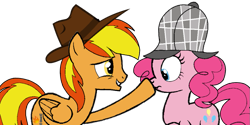 Size: 841x422 | Tagged: safe, artist:noi kincade, imported from derpibooru, pinkie pie, oc, oc:firey ratchet, earth pony, pegasus, pony, boop, deerstalker, detective, hat, hoof on face, sherlock pie, simple background, transparent background