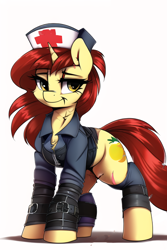 Size: 512x768 | Tagged: safe, editor:primortal, imported from derpibooru, oc, oc only, oc:lemon wedge, pony, unicorn, fallout equestria, ai assisted, ai content, ai generated, clothes, fallout, female, field medic, generator:novelai, generator:stable diffusion, hat, jacket, leather bracers, medic, nurse, nurse hat, red hair, scar, simple background, solo, white background