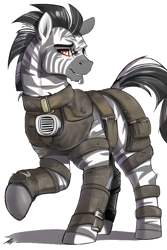 Size: 512x768 | Tagged: safe, editor:primortal, imported from derpibooru, oc, oc only, oc:toothen nail, zebra, fallout equestria, ai assisted, ai content, ai generated, armor, belts, fallout, generator:novelai, generator:stable diffusion, leather, leather armor, male, mental scars, patchwork armor, peacekeeper, ranger, scar, shellshock, somber, stripes, thousand yard stare, traumatized, zebra oc