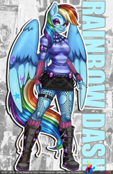 Size: 792x1224 | Tagged: safe, artist:inkkeystudios, imported from derpibooru, rainbow dash, anthro, pegasus, arm warmers, boots, clothes, emo, fishnets, furry, goth, makeup, punk, shoes, skirt, solo, wings