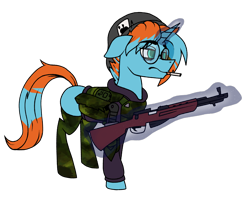 Size: 1662x1308 | Tagged: safe, artist:cassava, imported from derpibooru, oc, oc only, oc:frizzen, pony, unicorn, 2023, armor, beanie, camouflage, cigarette, clothes, commission, glasses, gun, hat, magic, rifle, simple background, socks, solo, stockings, tail, telekinesis, thigh highs, transparent background, two toned mane, weapon