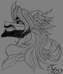 Size: 1192x1405 | Tagged: safe, artist:thatonegib, imported from derpibooru, oc, oc only, oc:gib riel-delano, changedling, changeling, angry, bandana, bangs, beard, black and white, bust, changedling oc, changeling oc, death stare, facial hair, grayscale, horn, horn ring, jewelry, long hair, looking at you, monochrome, moustache, portrait, ring, sketch, solo, wedding ring