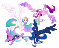 Size: 2500x2051 | Tagged: safe, artist:공오8, imported from derpibooru, part of a set, princess cadance, princess celestia, princess luna, twilight sparkle, alicorn, pony, 2021, alicorn tetrarchy, female, females only, flying, group, mare, simple background, spread wings, twilight sparkle (alicorn), white background, wings