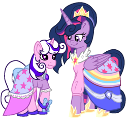 Size: 800x800 | Tagged: safe, artist:lindasaurie, derpibooru exclusive, imported from derpibooru, twilight, twilight sparkle, alicorn, pony, unicorn, the last problem, alternate hairstyle, bow, clothes, colored lineart, cutie mark, cutie mark on clothes, dress, duo, duo female, ethereal mane, eyebrows, eyebrows visible through hair, female, g1, g4, height difference, jewelry, looking at each other, looking at someone, mare, mlp fim's thirteenth anniversary, older, older twilight, older twilight sparkle (alicorn), princess twilight 2.0, raised hoof, shoes, simple background, smiling, smiling at each other, tail, tail bow, transparent background, twilight sparkle (alicorn)