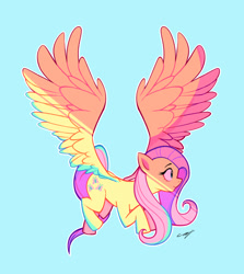 Size: 1670x1870 | Tagged: safe, artist:공오8, imported from derpibooru, fluttershy, pegasus, pony, 2021, female, flying, mare, outline, signature, simple background, solo, spread wings, teal background, white outline, wings