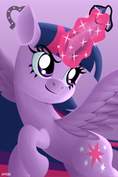 Size: 2250x3376 | Tagged: safe, artist:apebe, imported from derpibooru, twilight sparkle, alicorn, pony, abstract background, closed mouth, cutie mark, female, gradient background, high res, icon, magic, mare, solo, spread wings, symbol, twilight sparkle (alicorn), watermark, wings