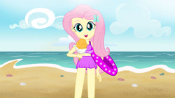 Size: 1920x1080 | Tagged: safe, artist:thegamemasternight3, imported from derpibooru, fluttershy, anthro, equestria girls, beach, clothes, food, ice cream, ocean, purple bikini, purple swimsuit, sand, swimsuit, water