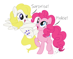 Size: 5000x4000 | Tagged: safe, artist:feather_bloom, artist:kaitykat117, imported from derpibooru, pinkie pie, surprise, earth pony, pegasus, pony, base used, boop, flying, g1, g4, generational ponidox, mlp fim's thirteenth anniversary, raised hoof, simple background, speech bubble, talking, transparent background, vector