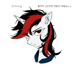 Size: 1780x1560 | Tagged: safe, artist:공오8, imported from derpibooru, oc, oc only, oc:blackjack, pony, unicorn, fallout equestria, fallout equestria: project horizons, 2021, bust, ear fluff, fanfic art, female, korean, looking at you, mare, red eyes, simple background, solo, text, white background, white fur