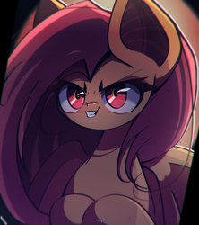 Size: 2400x2700 | Tagged: safe, artist:miryelis, imported from derpibooru, fluttershy, bat pony, pony, bat ponified, big ears, evil grin, female, flutterbat, glowing, glowing eyes, grin, long hair, mare, race swap, red eyes, signature, smiling, solo