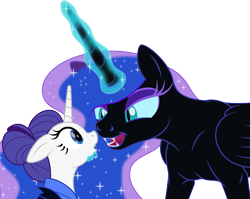 Size: 2551x2030 | Tagged: safe, artist:grypher, imported from derpibooru, nightmare moon, rarity, alternate hairstyle, alternate timeline, fangs, female, implied lesbian, lesbian, looking at each other, looking at someone, missing accessory, night maid rarity, nightmare takeover timeline, nightrarity, shipping, simple background, transparent background