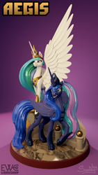 Size: 900x1600 | Tagged: safe, artist:sunny way, imported from derpibooru, princess celestia, princess luna, alicorn, pony, 3d, aegis, art, artwork, brave, craft, crown, digital art, duo, feather, female, feral, figurine, horn, jewelry, mare, princess, regalia, ruler, sculpture, siblings, sisters, stairs, statue, wings, zbrush