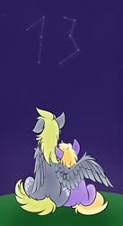 Size: 5124x9318 | Tagged: safe, artist:mix333, derpibooru exclusive, imported from derpibooru, derpy hooves, dinky hooves, pegasus, unicorn, female, hug, mare, mlp fim's thirteenth anniversary, rear view, simple background, sky, stars, wing fluff, winghug, wings