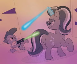 Size: 3500x2900 | Tagged: safe, artist:rupert, imported from derpibooru, spike, starlight glimmer, dragon, pony, unicorn, series:spiketober: rupert style, butt, cute, dark room, duo, eyebrows, female, glimmer glutes, grin, gun, laser, laser gun, laser tag, lidded eyes, magic, magic aura, male, monochrome, playful, plot, raised eyebrow, raised hoof, running, smiling, spikabetes, teeth, weapon