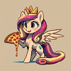 Size: 1024x1024 | Tagged: safe, imported from derpibooru, princess cadance, alicorn, pony, ai content, ai generated, female, food, pizza, solo, spread wings, wings