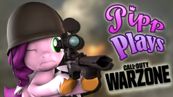 Size: 1920x1080 | Tagged: safe, artist:pika-robo, imported from derpibooru, pipp petals, pegasus, pony, series:pipp plays, 3d, call of duty, call of duty: warzone, fake thumbnail, female, g4, g5, g5 to g4, gamer pipp, generation leap, gun, headgear, helmet, hoof hold, imminent death, let's play, mare, one eye closed, rifle, sniper rifle, source filmmaker, weapon, wing hands, wings, youtube thumbnail
