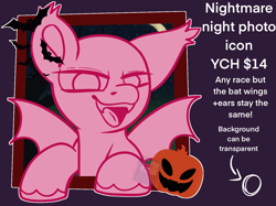 Size: 1402x1048 | Tagged: safe, artist:bluemoon, imported from derpibooru, oc, bat, bat pony, pony, bat wings, commission, ear fluff, fangs, halloween, holiday, icon, nightmare night, open mouth, pumpkin, solo, wings, your character here