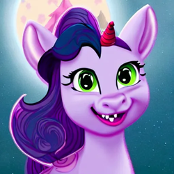 Size: 512x512 | Tagged: safe, imported from derpibooru, unicorn, ai content, ai generated, cursed image, missing teeth, moon, smiling