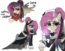 Size: 1440x1142 | Tagged: safe, artist:petaltwinkle, imported from derpibooru, fluttershy, pegasus, pony, candle, clothes, dialogue, dress, eyeshadow, female, goth, hair bun, laurel, makeup, mare, raised hoof, simple background, smiling, solo, spread wings, talking to viewer, veil, white background, wings