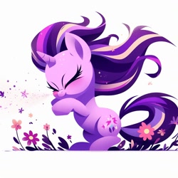 Size: 1024x1024 | Tagged: safe, imported from derpibooru, starlight glimmer, ai content, allergies, blushing, cute, eyes closed, flower, generator:bing image creator, pollen, prompter:evergreen, raised hoof, sneezing, spray, stylized, windswept mane