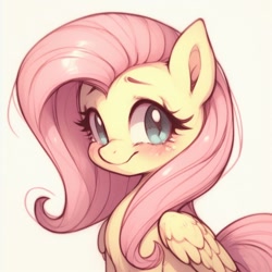 Size: 1024x1024 | Tagged: safe, imported from derpibooru, fluttershy, ai content, blushing, cute, detailed, generator:bing image creator, profile, prompter:evergreen, shy, shyabetes, sitting, smiling