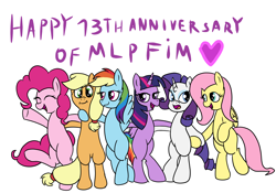 Size: 2000x1400 | Tagged: safe, artist:amateur-draw, imported from derpibooru, applejack, fluttershy, pinkie pie, rainbow dash, rarity, twilight sparkle, alicorn, earth pony, pegasus, unicorn, bipedal, bipedal leaning, leaning, mane six, mlp fim's thirteenth anniversary, simple background, twilight sparkle (alicorn), white background