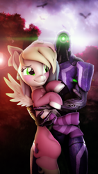 Size: 2160x3840 | Tagged: safe, alternate version, artist:lagmanor, imported from derpibooru, oc, oc:blazey sketch, pegasus, pony, robot, 3d, absurd resolution, clothes, confused, fog, geth, holding a pony, lens flare, looking at someone, looking at you, looking up, mass effect, revamped ponies, small wings, smiling, socks, source filmmaker, sunlight, sunset, sweater, tree, wings