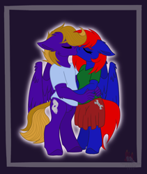 Size: 2393x2833 | Tagged: safe, artist:taxidermieddemon, imported from derpibooru, oc, oc:shrapnel, oc:wing front, anthro, pegasus, unguligrade anthro, blue fur, brown mane, brown tail, clothes, cute, hug, hurricane, kissing, married couple, pegasus oc, purple fur, red mane, red tail, romantic, shirt, skirt, tail, wings, wrench