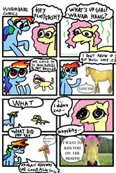 Size: 1036x1549 | Tagged: safe, artist:wormbabecomics, imported from derpibooru, fluttershy, rainbow dash, horse, pegasus, comic, dialogue, duo, female, hoers, lesbian, ship:flutterdash, shipping, speech bubble, stink lines, stylistic suck, toy