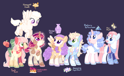 Size: 2849x1753 | Tagged: safe, artist:katsubases, artist:r0manesqu3, imported from derpibooru, oc, oc only, oc:andromeda's crown, oc:blueberry buttercream, oc:honeygold clouds, oc:peach rose, oc:polished vase, oc:shimmering sonicbloom, oc:star struck, alicorn, earth pony, pegasus, pony, unicorn, alicorn oc, ascot, bald face, base used, blaze (coat marking), blue background, bow, clothes, coat markings, curly mane, cutie mark, earth pony oc, ethereal mane, facial markings, female, flying, hair bow, hoof on chest, horn, jewelry, leaves, leaves in hair, magical lesbian spawn, mare, name, necklace, offspring, outline, pale belly, parent:applejack, parent:big macintosh, parent:fancypants, parent:flash sentry, parent:fluttershy, parent:moondancer, parent:pinkie pie, parent:rainbow dash, parent:rarity, parent:twilight sparkle, parents:appledash, parents:fluttermac, parents:pinkiepants, parents:sentrity, parents:twidancer, pegasus oc, simple background, smiling, socks (coat markings), spread wings, star (coat marking), starry mane, sweater, tail, tail bow, unicorn oc, unshorn fetlocks, white outline, wings