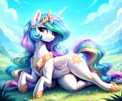 Size: 2320x1920 | Tagged: safe, artist:dovakkins, derpibooru exclusive, imported from derpibooru, princess celestia, alicorn, pony, ai assisted, ai content, beautiful, belly button, blushing, chest fluff, cutie mark, female, fluffy, generator:easyfluff v11.2, horn, jewelry, long mane, lying down, mare, peytral, regalia, sky, smiling, solo, wavy mane, wings