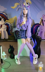 Size: 1368x2160 | Tagged: safe, alternate version, artist:hysteriana, imported from derpibooru, izzy moonbow, human, bronycon, ball, blue hair, brony, choker, clothes, cosplay, costume, female, festival, g5, irl, irl human, legs, photo, russia, skirt, socks, solo, solo female, stockings, thigh highs