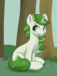 Size: 3000x4000 | Tagged: safe, artist:dumbwoofer, imported from derpibooru, pony, unicorn, ear fluff, female, flower, flower in hair, forest, forest background, g5, grass, leaf (g5), looking at you, mare, sitting, smiling, smiling at you, solo, tree