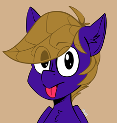 Size: 1383x1445 | Tagged: safe, artist:cozziesart, imported from derpibooru, oc, oc:wing front, pegasus, :p, brown mane, chest fluff, cute, ear fluff, male, pegasus oc, purple fur, simple background, tongue out, wings