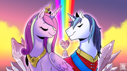 Size: 3840x2160 | Tagged: safe, artist:raph13th, imported from derpibooru, princess cadance, shining armor, crystal empire, crystal heart, rainbow, shipping