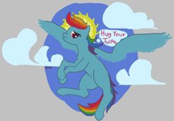 Size: 1274x883 | Tagged: safe, artist:rapt, imported from derpibooru, rainbow dash, pegasus, pony, aggie.io, crossed hooves, flying, gray background, halo, simple background, solo, spread wings, thought bubble, tulpa, wings