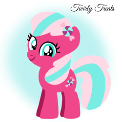 Size: 1400x1400 | Tagged: safe, artist:mlplary6, imported from derpibooru, twirly treats, earth pony, pony, closed mouth, female, filly, foal, gradient background, looking at you, recolor, smiling, smiling at you, solo, standing, text, toy interpretation