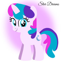 Size: 1400x1400 | Tagged: safe, artist:mlplary6, imported from derpibooru, star dreams, unicorn, closed mouth, cyan eyes, female, filly, foal, gradient background, looking at you, smiling, smiling at you, solo, standing, text, toy interpretation