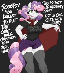 Size: 2500x2857 | Tagged: safe, artist:flutterthrash, imported from derpibooru, sweetie belle, anthro, unicorn, black background, breasts, busty sweetie belle, cape, clothes, dialogue, female, g4, implied scootaloo, mare, older, older sweetie belle, shirt, shorts, simple background, socks, solo, stockings, thigh highs