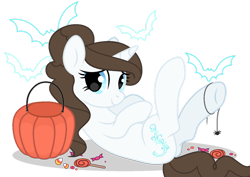 Size: 1062x752 | Tagged: safe, artist:cindystarlight, imported from derpibooru, oc, oc only, oc:daisy bluefield, bat, pony, spider, unicorn, candy, female, food, mare, pumpkin bucket, simple background, solo, transparent background