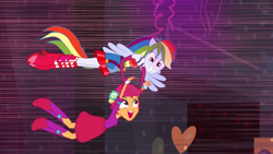 Size: 1000x563 | Tagged: safe, imported from derpibooru, screencap, rainbow dash, scootaloo, human, equestria girls, equestria girls (movie), duo, duo female, fall formal outfits, female, flying, g4, ponied up, pony ears, wings