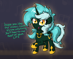 Size: 3136x2553 | Tagged: safe, artist:background basset, imported from derpibooru, lyra heartstrings, pony, unicorn, abstract background, dialogue, fangs, hoof shoes, jewelry, necklace, nightmare lyra, nightmarified, open mouth, slit pupils, smiling, solo, text
