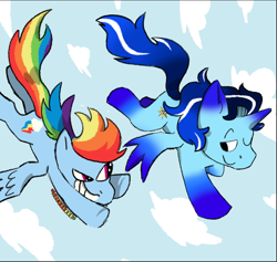 Size: 832x790 | Tagged: source needed, safe, artist:box, imported from derpibooru, rainbow dash, oc, oc:blue thunder, flying, racing, sky