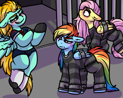 Size: 2500x2000 | Tagged: safe, alternate version, artist:sexygoatgod, imported from derpibooru, fluttershy, lightning dust, rainbow dash, pegasus, pony, bound wings, clothes, cuffs, female, imprisoned, jumpsuit, police officer, police uniform, prison, prison outfit, prisoner, skimpy outfit, wings