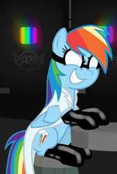 Size: 576x850 | Tagged: safe, alternate version, artist:lt-fleur, edit, edited screencap, editor:oathcharm, imported from derpibooru, screencap, rainbow dash, pegasus, pony, fanfic:rainbow factory, a trivial pursuit, barrel, clothes, creepypasta, cropped, evil, evil grin, evil rainbow dash, factory, fanfic art, female, folded wings, gloves, goggles, grin, lab coat, latex, latex gloves, latex socks, mare, rainbow, rainbow dash is best facemaker, rainbow factory dash, rainbow factory logo, sitting, smiling, socks, solo, table, teeth, wings