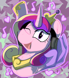 Size: 1114x1260 | Tagged: safe, artist:malachimoet, imported from derpibooru, princess cadance, alicorn, bust, looking at you, music notes, one eye closed, portrait, solo, wing hands, wing hold, wings, wink, winking at you