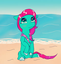 Size: 2100x2200 | Tagged: safe, alternate version, artist:php176, imported from derpibooru, earth pony, pony, beach, cute, fake ears, female, filter, freckles, g5, hoof polish, jazz hooves, looking up, mare, sand, sash, sitting, smiling, solo