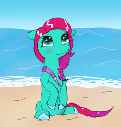 Size: 2100x2200 | Tagged: safe, alternate version, artist:php176, imported from derpibooru, earth pony, pony, beach, cute, fake ears, female, freckles, g5, hoof polish, jazz hooves, looking up, mare, sand, sash, sitting, smiling, solo