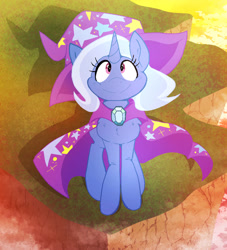 Size: 851x939 | Tagged: safe, artist:malachimoet, imported from derpibooru, trixie, pony, unicorn, cape, cliff, clothes, cute, diatrixes, female, hat, looking up, mare, solo, sunset, trixie's brooch, trixie's cape, trixie's hat